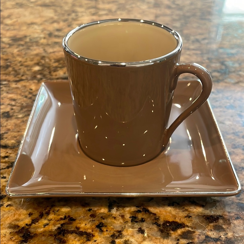 Deshoulieres France espresso cup & saucer - a mocha brown with gold accents mod